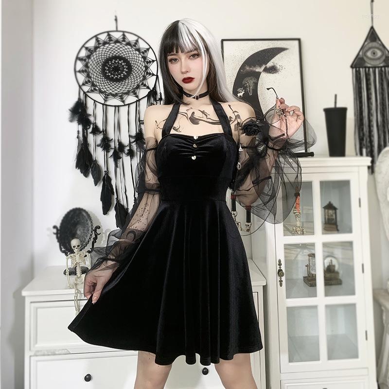 

Casual Dresses Dark Personality Sexy Perspective Gauze Pleated Skirt High Waist Wrapped Chest Suspender Punk Rave Dress, Black