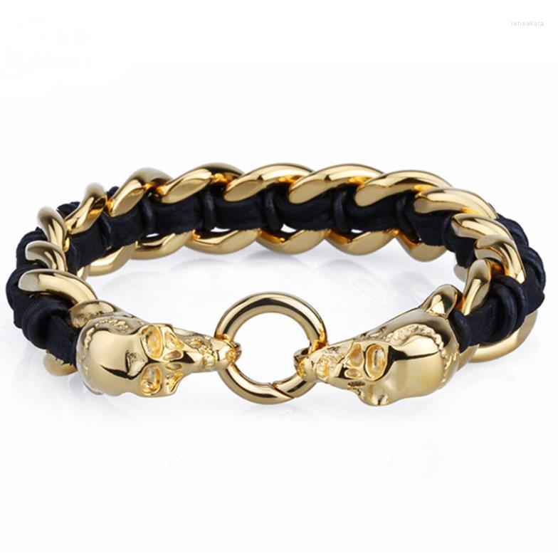 Link Bracelets 22cm 16mm 92g Fashion 316L Stainless Steel Gold Skeleton Black Leather Men's&Boy's Bangles