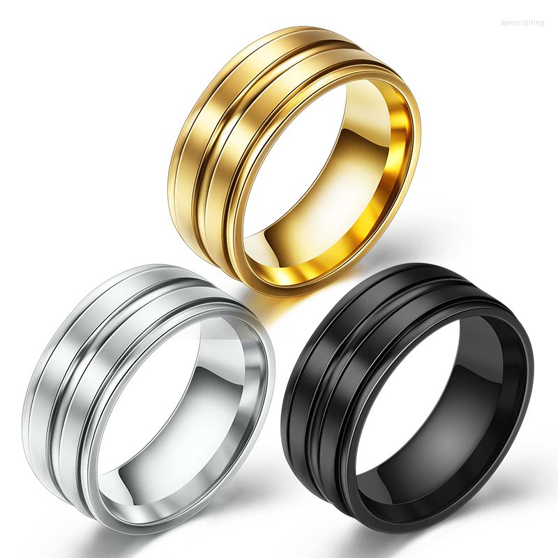 Cluster Rings 2022 Fashion Trend 8mm Width 3 Groove Gold Wedding Band Ring For Men 316L Stainless Steel Jewelry High Polish Prevent Allergy