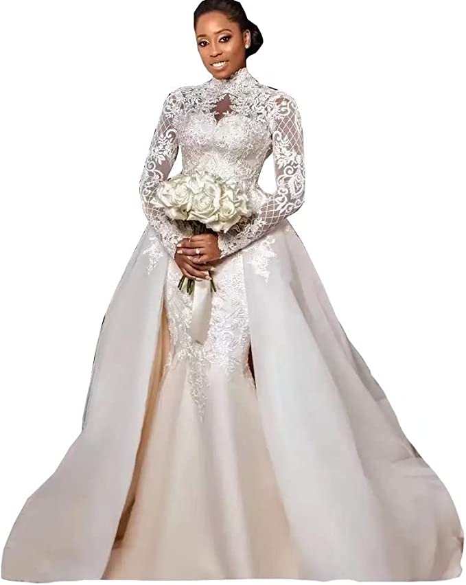 Vintage High Neck Mermaid Wedding Dress Long Sleeves Lace Appliques Bridal Gowns With Detachable Train Arabic Dubai African Bride Wear 2023 Robe de Ma
