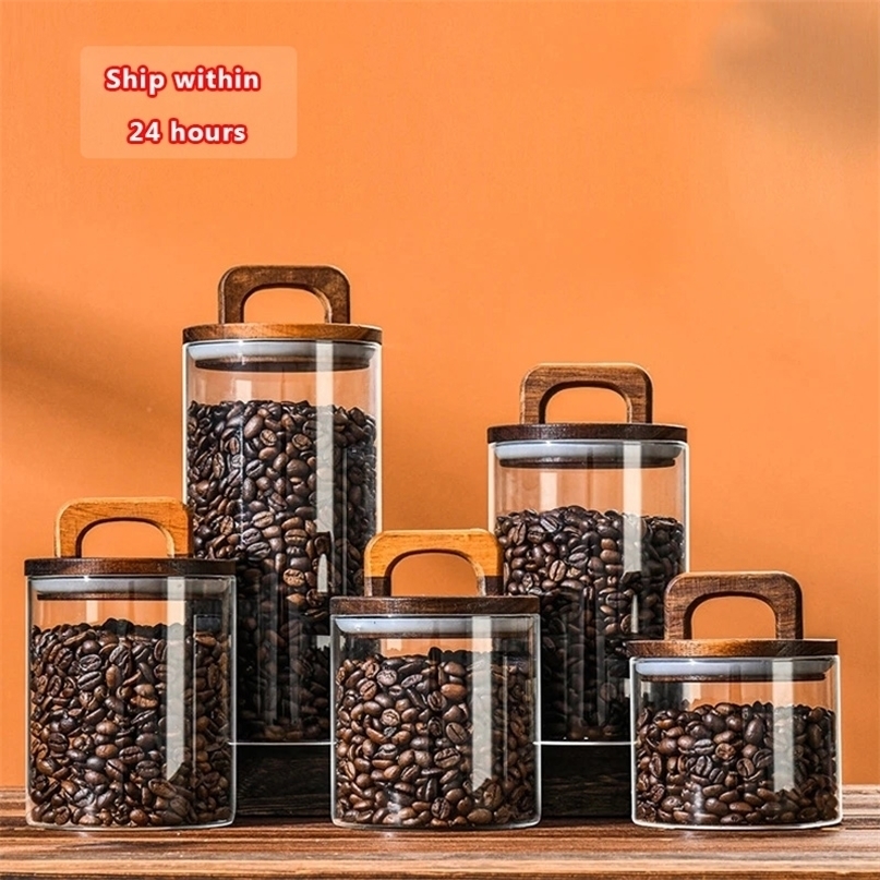 Storage Bottles Jars Wood Lid Glass Airtight Canister Food Container Tea Coffee Beans Kitchen Jar Sealed Grounds Candy Organizer 221028