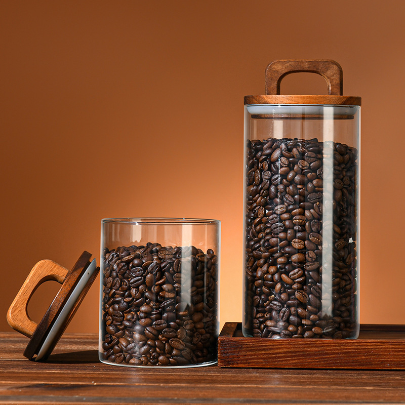 Storage Bottles Jars Wood Lid Glass Airtight Canister Food Container Tea Coffee Beans Kitchen Jar Sealed Grounds Candy Organizer 221028
