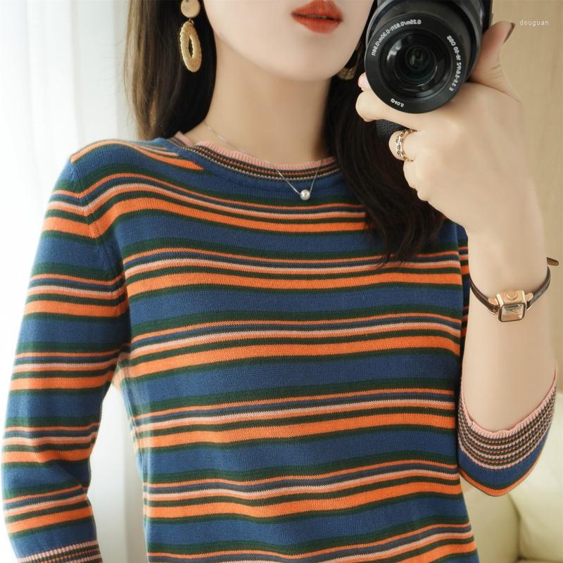 Women's T Shirts Round Neck Cotton Knit Sweater Women's Pullover Sleeves Striped Contrast Color Large Size T-shirt Bottoming Shirt, Blue
Women's T Shirts Round Neck Cotton Knit Sweater Women's Pullover Sleeves Striped Contrast Color Large Size T-shirt Bottoming Shirt, Blue