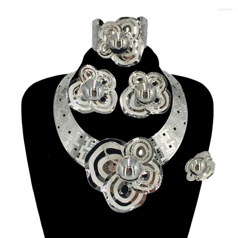 Necklace Earrings Set Brazilian 24K Gold Jewelry African Women Large Silver Color Flower Bracelet Wedding Party Gift Accessories FHK13498, Picture shown
Necklace Earrings Set Brazilian 24K Gold Jewelry African Women Large Silver Color Flower Bracelet Wedding Party Gift Accessories FHK13498, Picture shown