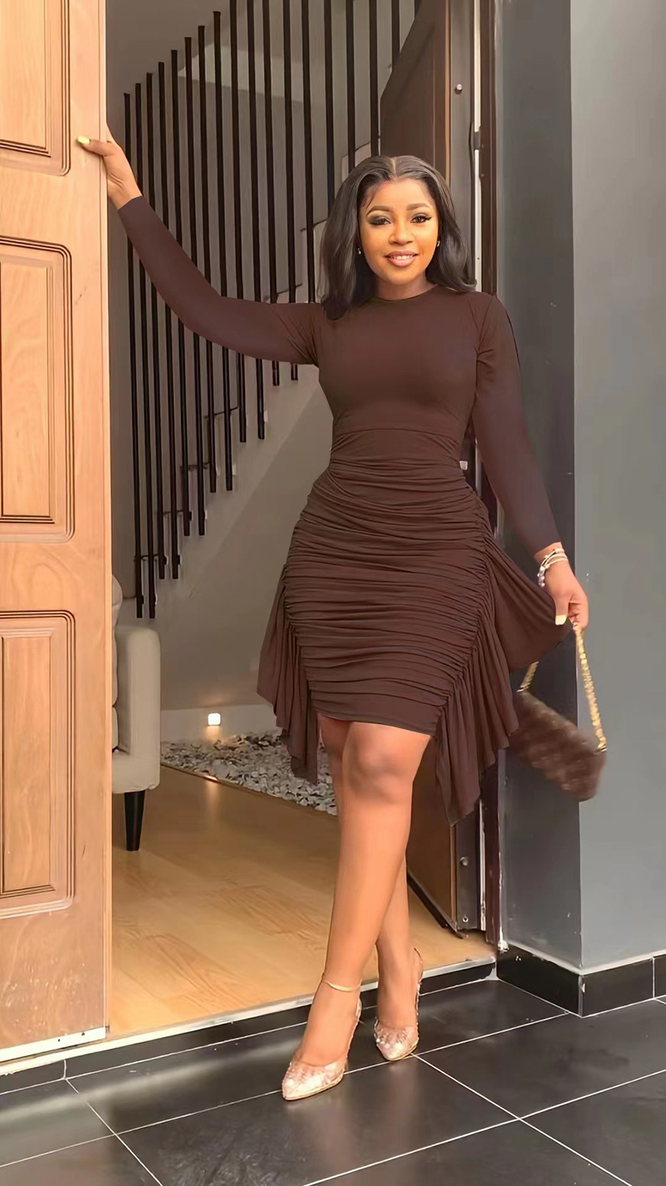 Women Ruched Bodycon Mini Casual Dresses Solid Long Sleeve Tight Bandage Ruffle Cocktail Evening Party Wedding Dress Plus Size S-5XL