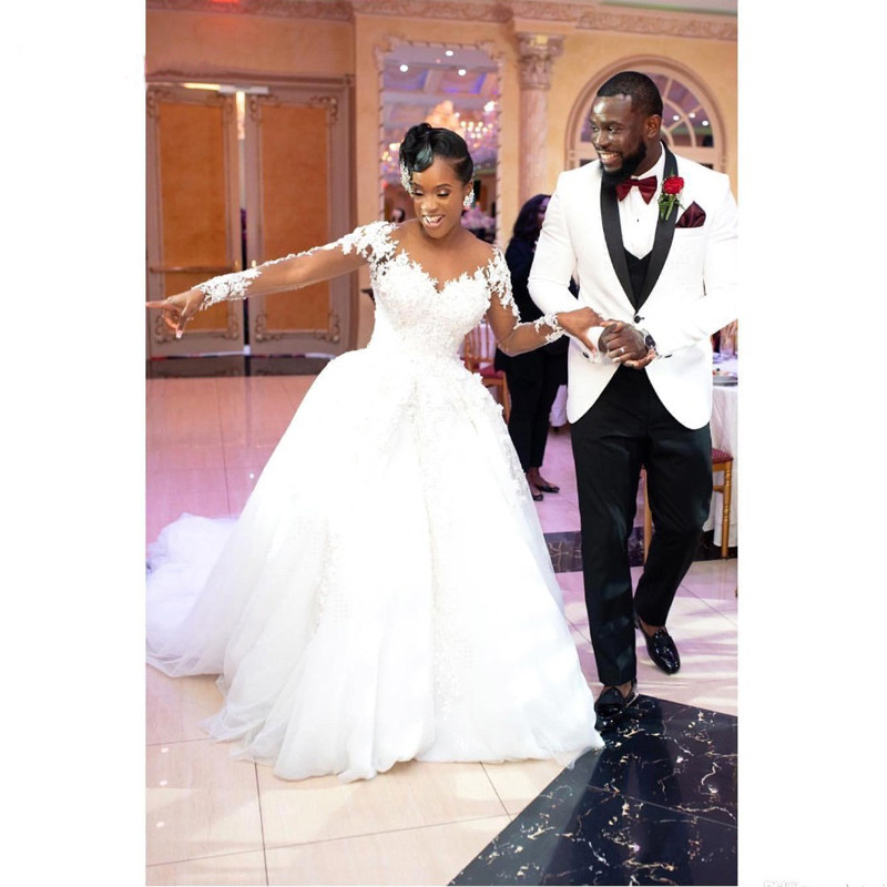 African Sleeve Dress Lace White Wedding Gown Plus Size Beaded Applique Long Train Princess Vestidos De Novia