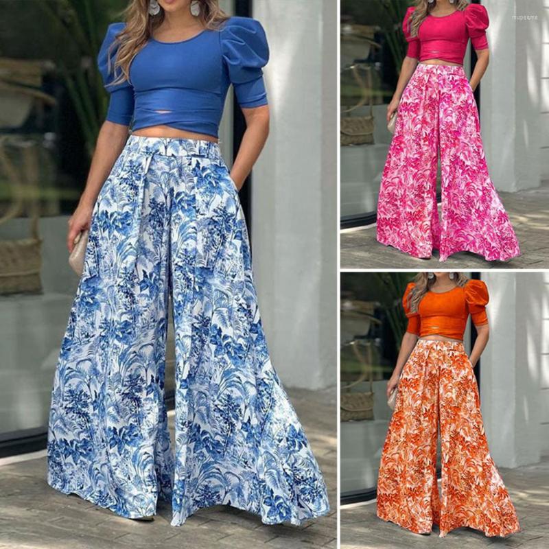 Women' Two Piece Pants 2Pcs Women Top Suit Solid Color Bubble Sleeve Round Neck Short Elastic Waists Wide Leg Print Trousers Set Daily, Blue
Women' Two Piece Pants 2Pcs Women Top Suit Solid Color Bubble Sleeve Round Neck Short Elastic Waists Wide Leg Print Trousers Set Daily, Blue