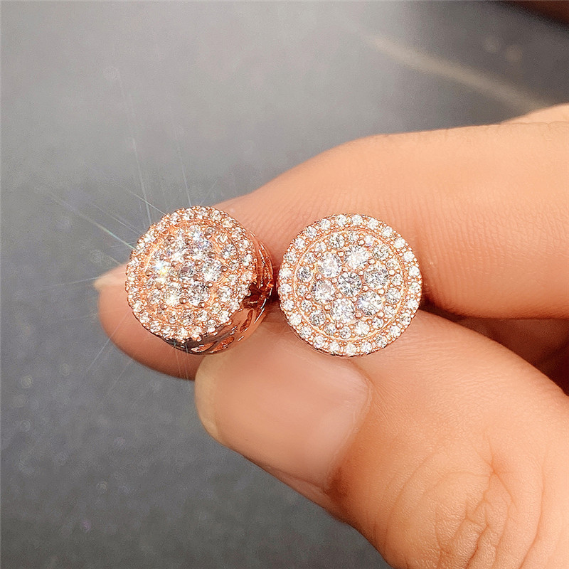 Charming Earrings for Men Women Yellow Rose Gold Plated Bling CZ Diamond Stone Stud Earrings for Nice Gift