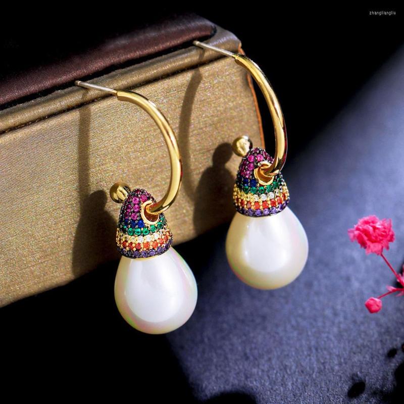 Hoop Earrings CWWZircons Unique Round Multicolor Cubic Zirconia Light Gold Plated C Shape Dangling Pearl Charm For Women CZ464
Hoop Earrings CWWZircons Unique Round Multicolor Cubic Zirconia Light Gold Plated C Shape Dangling Pearl Charm For Women CZ464