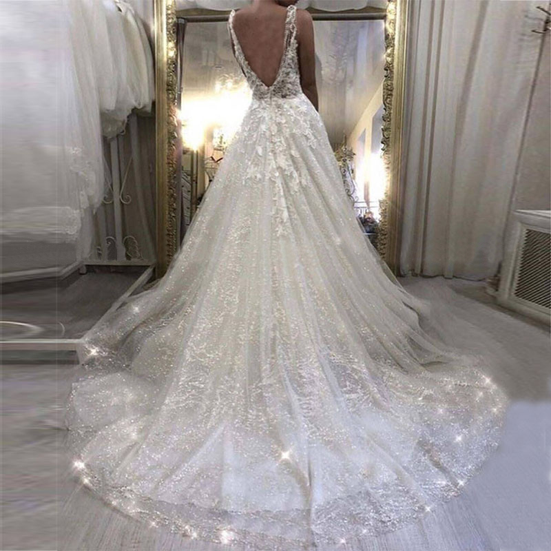 New Collection Boho Wedding Dresses Sexy Spaghetti Straps Glitter Sparkle Bride Gowns With Lace Appliques Backless Vestidos