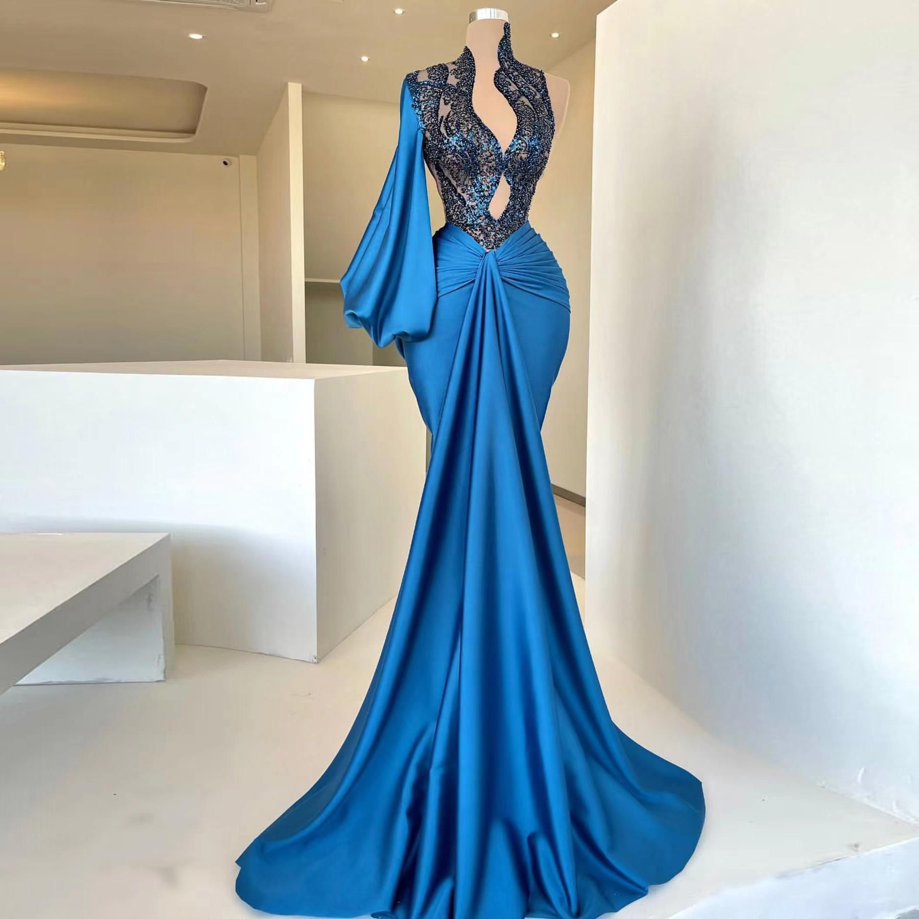Blue Mermaid Prom Dresses Sexy Deep V-Neck Long Sleeves Evening Gown Bridesmaid Formal Dresses Custom Made