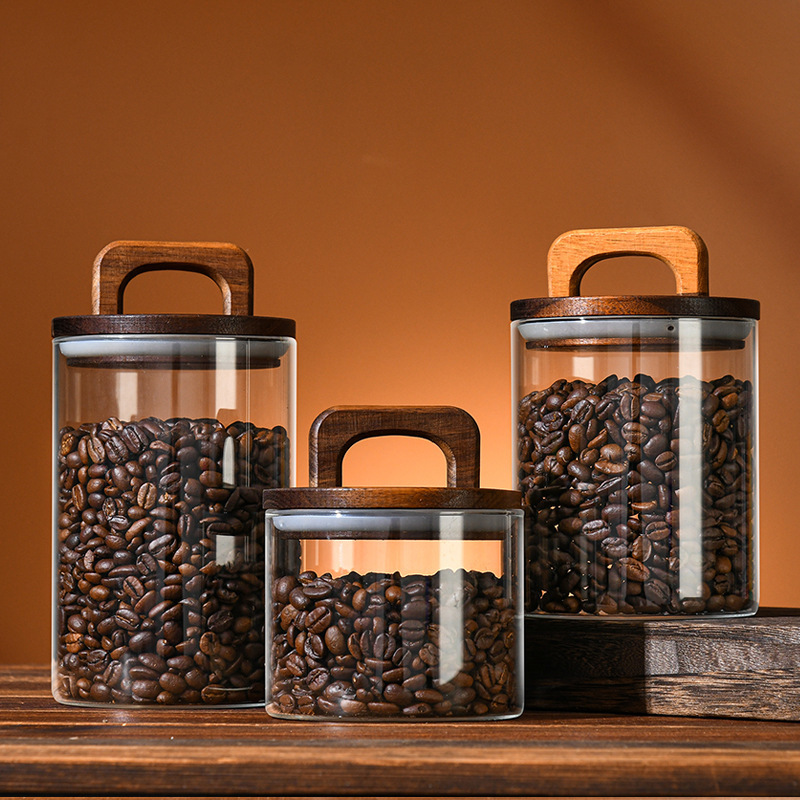 Storage Bottles Jars Wood Lid Glass Airtight Canister Food Container Tea Coffee Beans Kitchen Jar Sealed Grounds Candy Organizer 221028