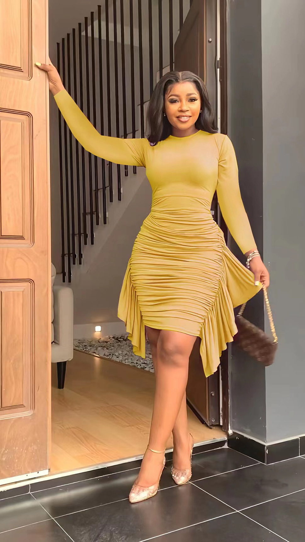 Women Ruched Bodycon Mini Casual Dresses Solid Long Sleeve Tight Bandage Ruffle Cocktail Evening Party Wedding Dress Plus Size S-5XL