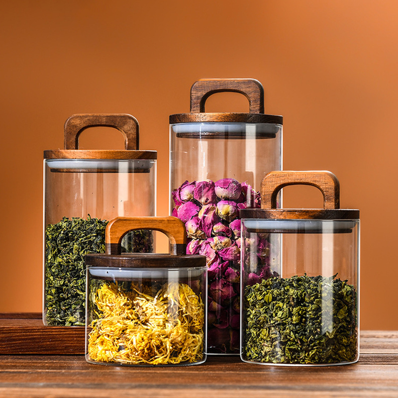 Storage Bottles Jars Wood Lid Glass Airtight Canister Food Container Tea Coffee Beans Kitchen Jar Sealed Grounds Candy Organizer 221028