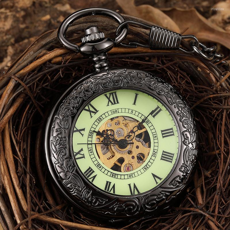 Pocket Watches Retro Skeleton Black Hollow Mechanical Watch Mens Clock FOB Waist Chain Luminous Roman Dial Hand Wind, Black 2