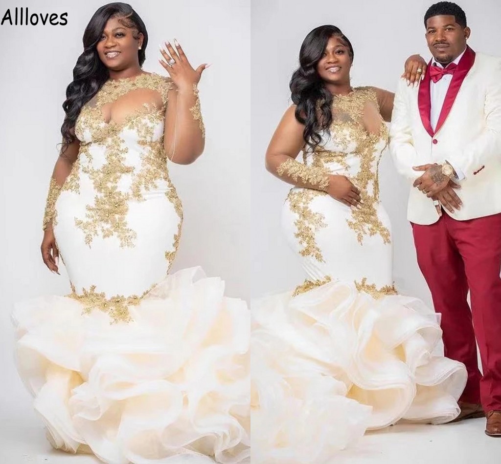 Gold Lace Appliqued African Mermaid Wedding Dresses With Illusion Long Sleeves Gorgeous Cascading Ruffles Bridal Gowns Plus Size Beaded Vestidos De Novia CL1324, Daffodil
Gold Lace Appliqued African Mermaid Wedding Dresses With Illusion Long Sleeves Gorgeous Cascading Ruffles Bridal Gowns Plus Size Beaded Vestidos De Novia CL1324, Daffodil