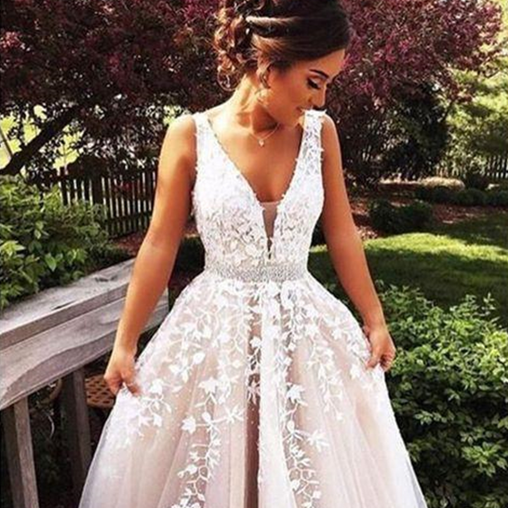 V Neck Wedding Dresses Light Champagne or Length Applique Open Back A e Backless Bridal Gowns Vestido De Noiva