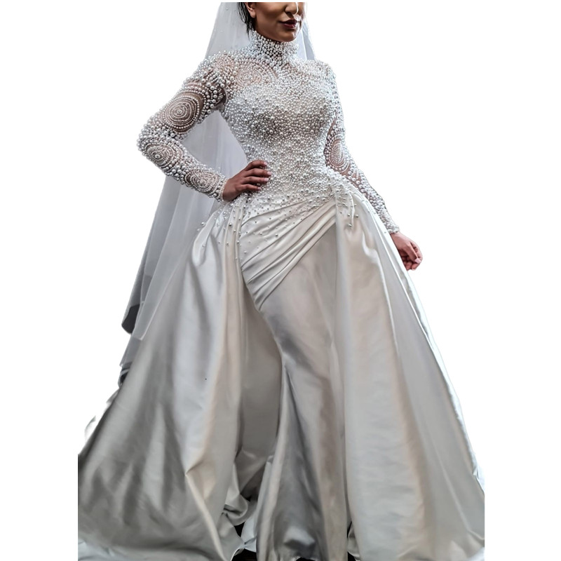 Luxury Pearls Beaded Dubai Wedding Gowns High Neck Long Sleeves White Satin Bridal Dresses Detachable Train Custom Made 2023 Bride Mermaid Robe De Mar