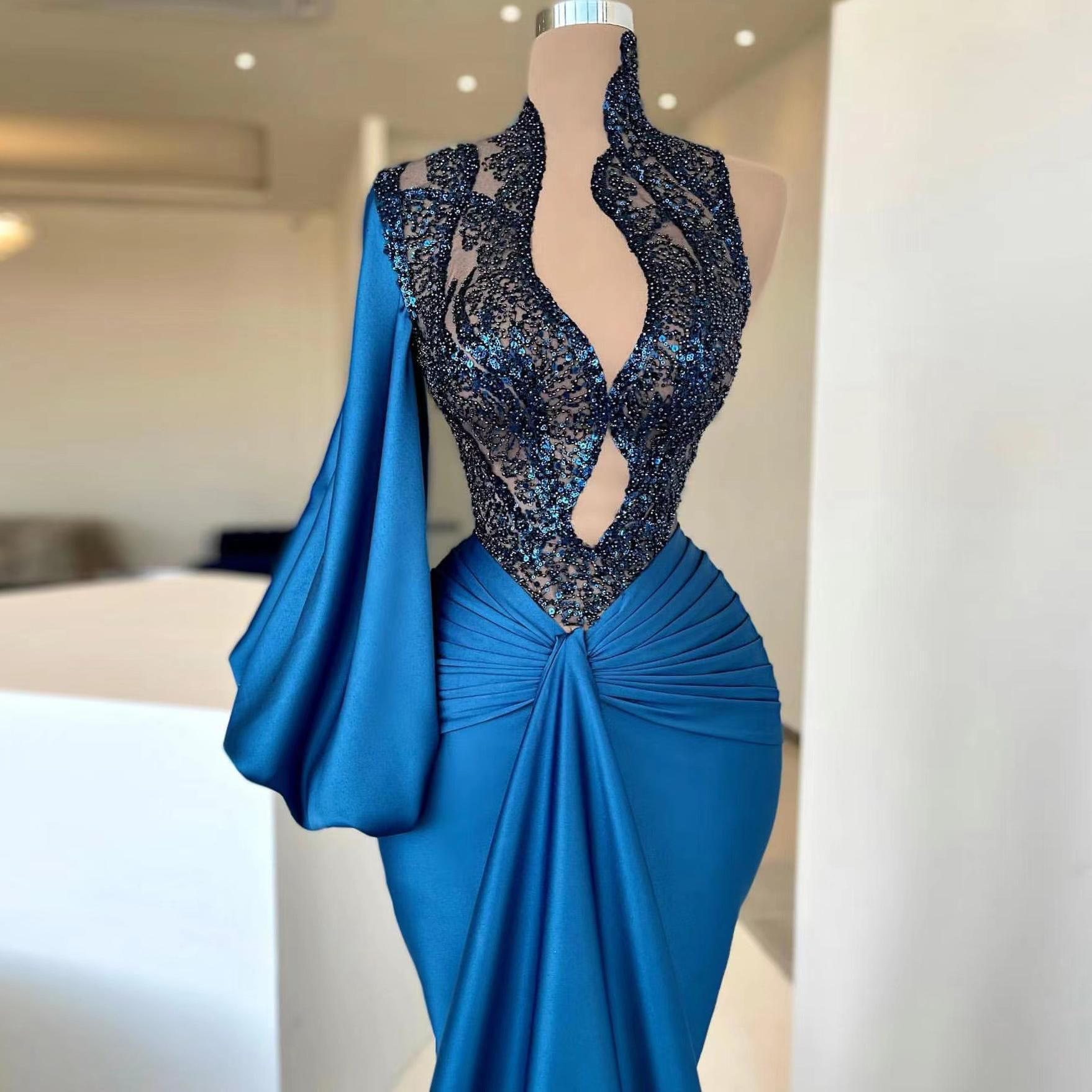 Blue Mermaid Prom Dresses Sexy Deep V-Neck Long Sleeves Evening Gown Bridesmaid Formal Dresses Custom Made
