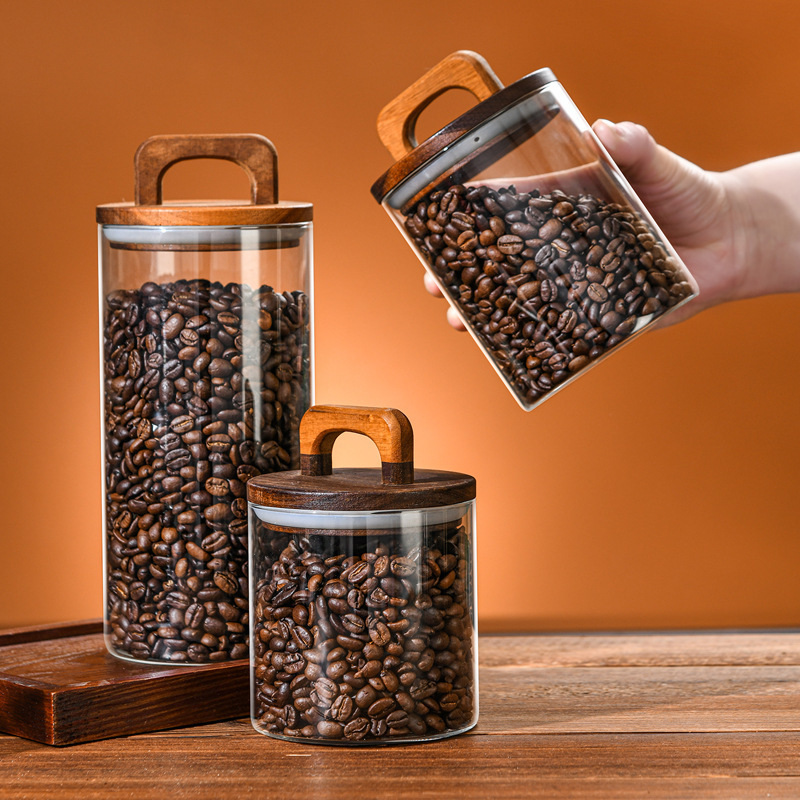 Storage Bottles Jars Wood Lid Glass Airtight Canister Food Container Tea Coffee Beans Kitchen Jar Sealed Grounds Candy Organizer 221028