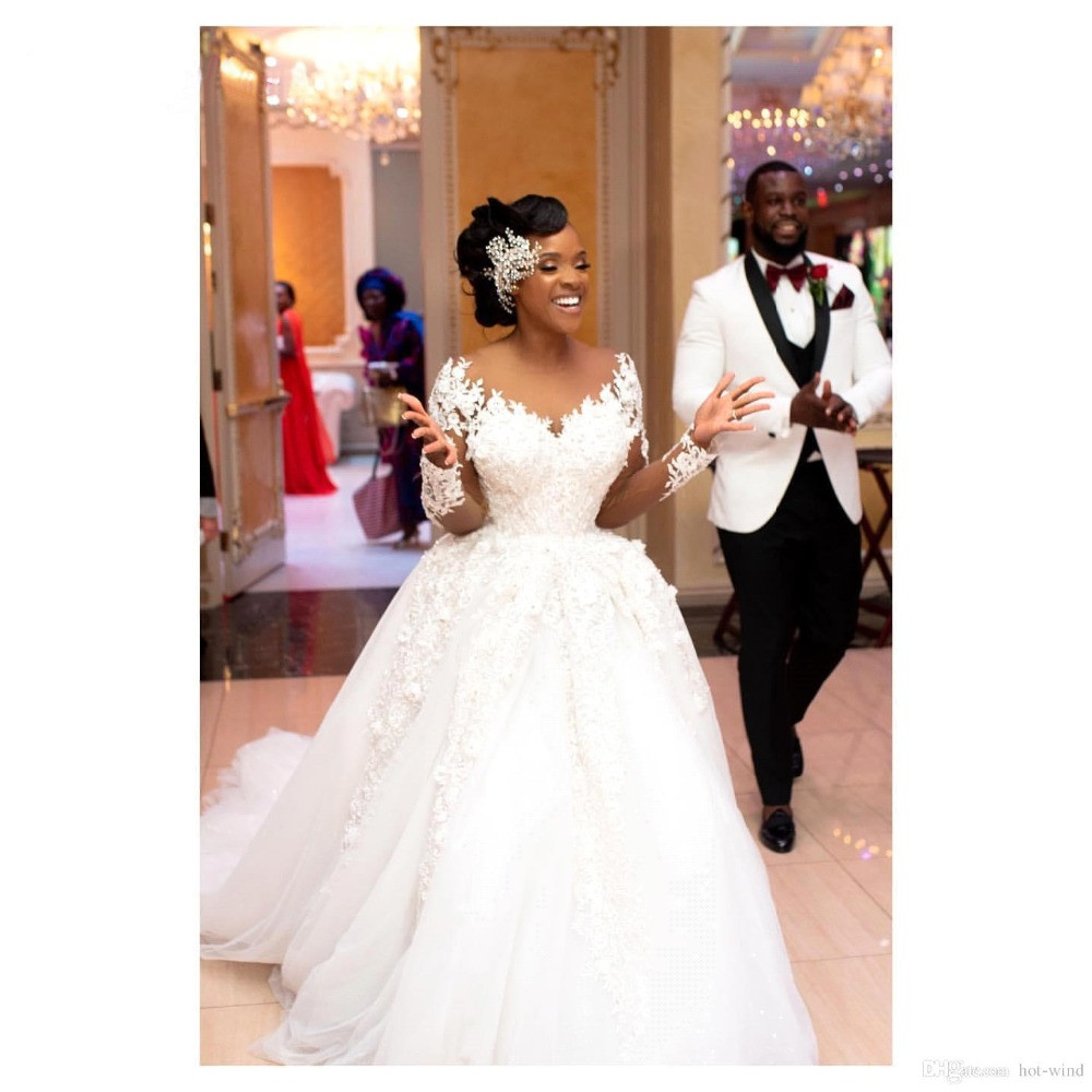 African Sleeve Dress Lace White Wedding Gown Plus Size Beaded Applique Long Train Princess Vestidos De Novia