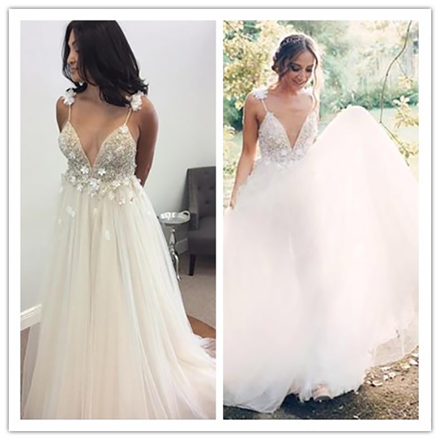 wers Dress White Vestido de noiva 3D wer Deep V-neck Wedding Dresses Delicate Appliques Backless Bridal Gown