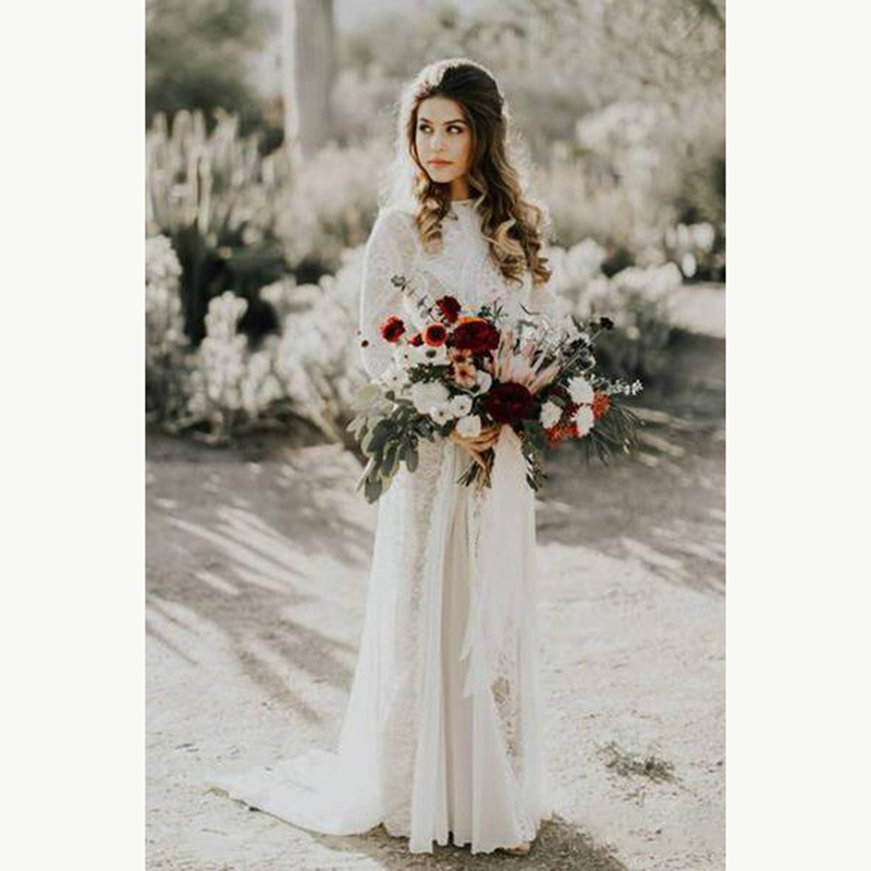 Charming Summer Boho Lace Long Sleeve Bridal Dresses Bateau Neck Wedding Gowns for Bride Open Back Sweep Train On Sale