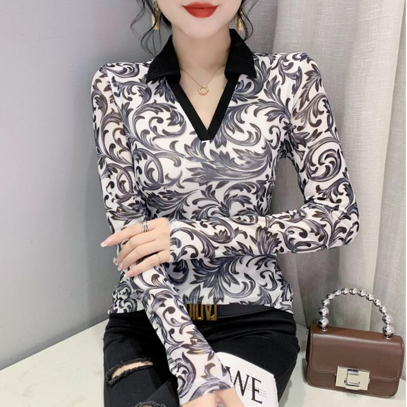 Women's T Shirts Spring Autumn Printed Mesh Shirt Women Turn-down Collar Vintage Basic Long Sleeve Tight Sexy Women's T-shirt, Black
Women's T Shirts Spring Autumn Printed Mesh Shirt Women Turn-down Collar Vintage Basic Long Sleeve Tight Sexy Women's T-shirt, Black