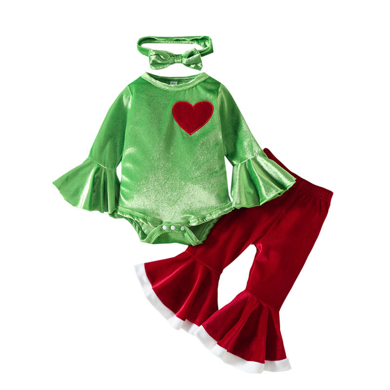 Baby Girls Christmas Outfit Clothing Sets Green Velvet Long Sleeve Heart Print Romper Red Flared Pants Headband, Red+green
Baby Girls Christmas Outfit Clothing Sets Green Velvet Long Sleeve Heart Print Romper Red Flared Pants Headband, Red+green