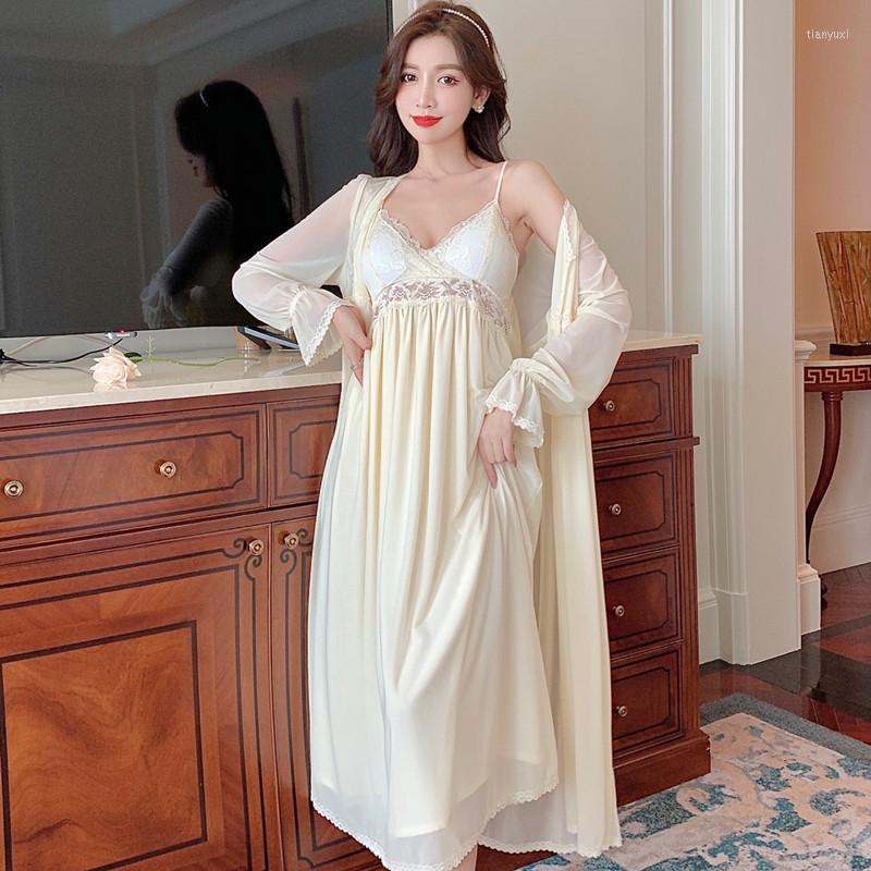 Women's Sleepwear Mesh Perspective Robe Sets 2PCS Sexy Lace Kimono Gown White Solid Bride Wedding Bathrobe Cardigan Nightgown Pijamas Suits, Beige
Women's Sleepwear Mesh Perspective Robe Sets 2PCS Sexy Lace Kimono Gown White Solid Bride Wedding Bathrobe Cardigan Nightgown Pijamas Suits, Beige