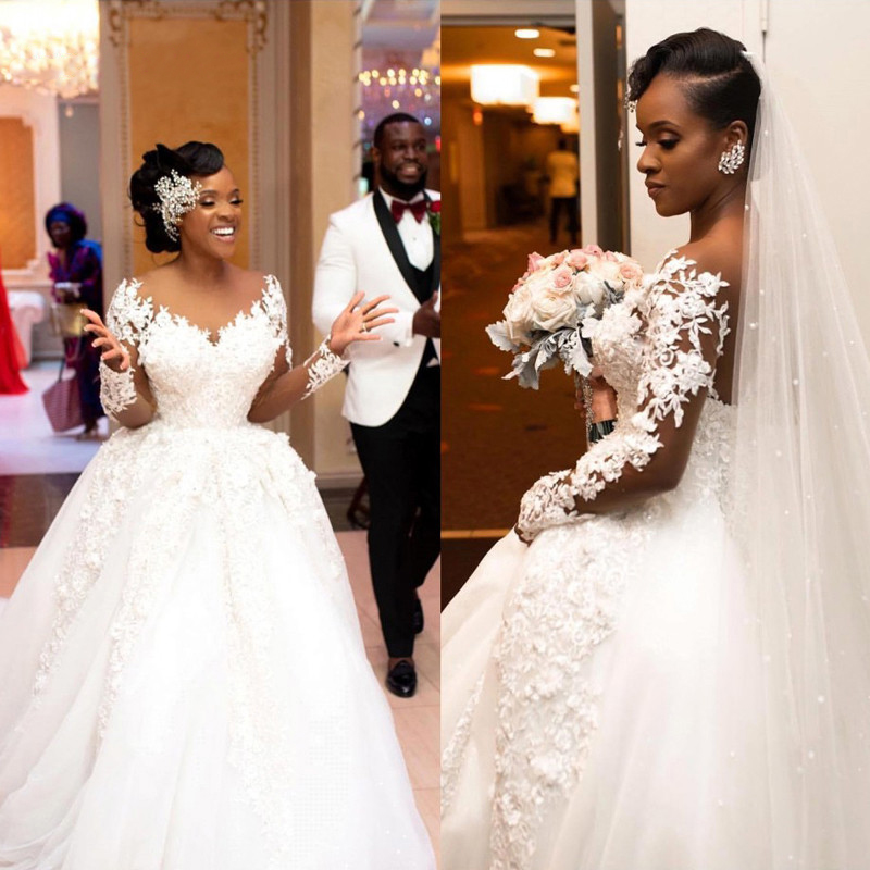 African Sleeve Dress Lace White Wedding Gown Plus Size Beaded Applique Long Train Princess Vestidos De Novia