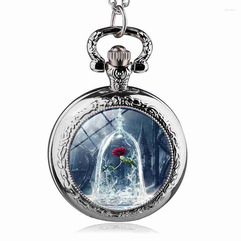 Pocket Watches Fashion Movie Theme Flower Pattern Watch Women Children Pendant Necklace Jewelry Gift, Black