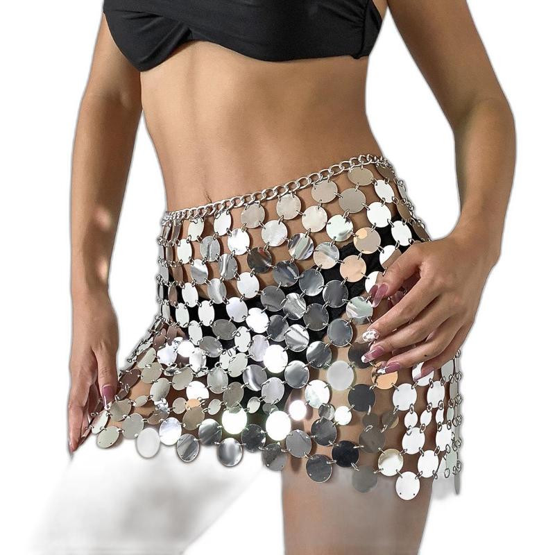 Skirts Handmade Chain Mail Mini Skirt Women Metal Mirror Disc Miniskirt Black Paillette Sequins Body Nightclub Party