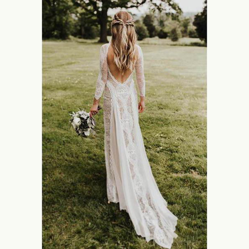 Charming Summer Boho Lace Long Sleeve Bridal Dresses Bateau Neck Wedding Gowns for Bride Open Back Sweep Train On Sale