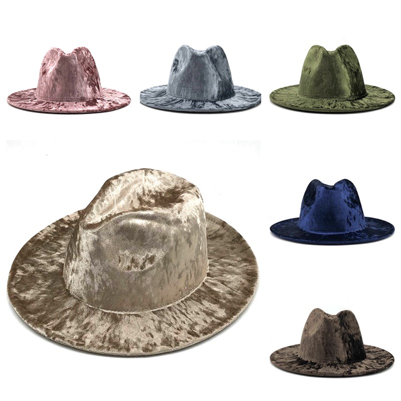 

Wide Brim Hats Men Fedoras Solid Color Jazz Golden Veet Cowboy Hat For Women Winter Warm Cap White Black Bowler Wholesale Drop Delive Smtua, As details