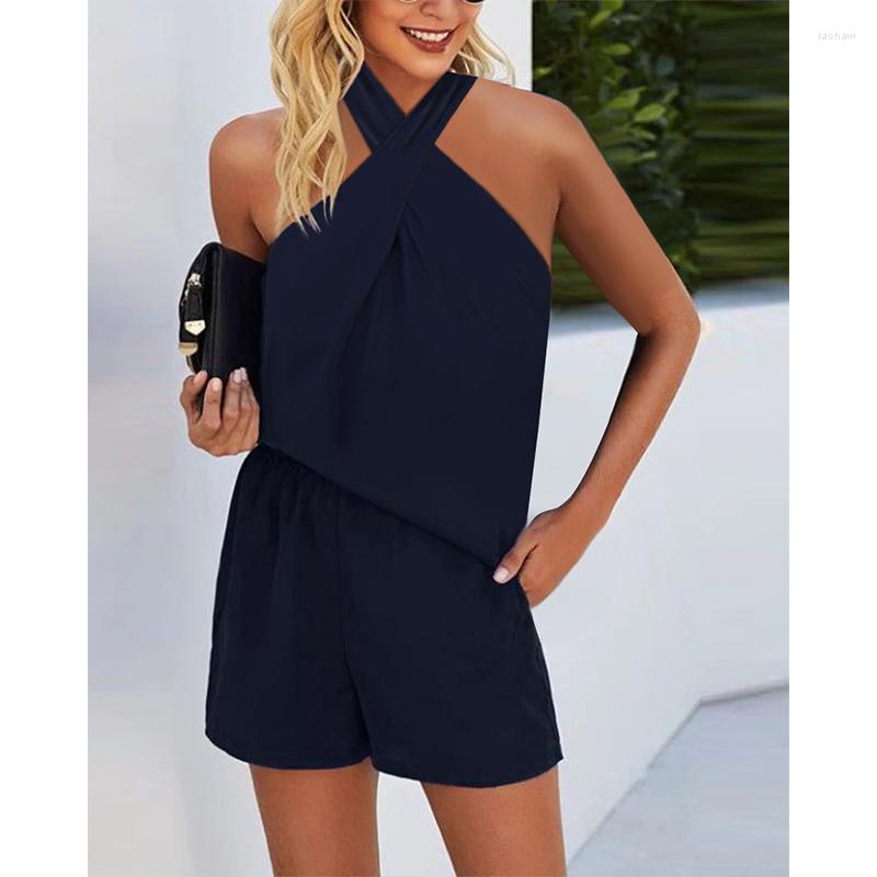 

Women' Tracksuits Summer Women Casual Loose Two Piece Suit Sets Sleeveless Solid Color Crisscross Halter Top & Shorts Set, Purplish blue