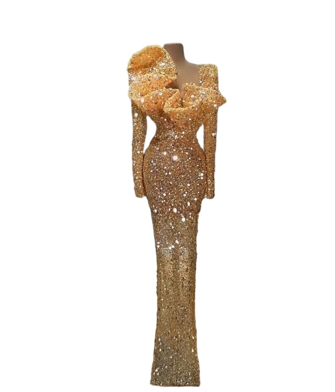 Glitter Gold Sequins Mermaid Prom Dresses Long Sleeves Plus Size Sweep Train Formal Evening Occasion Gowns Vestdidos De Novia