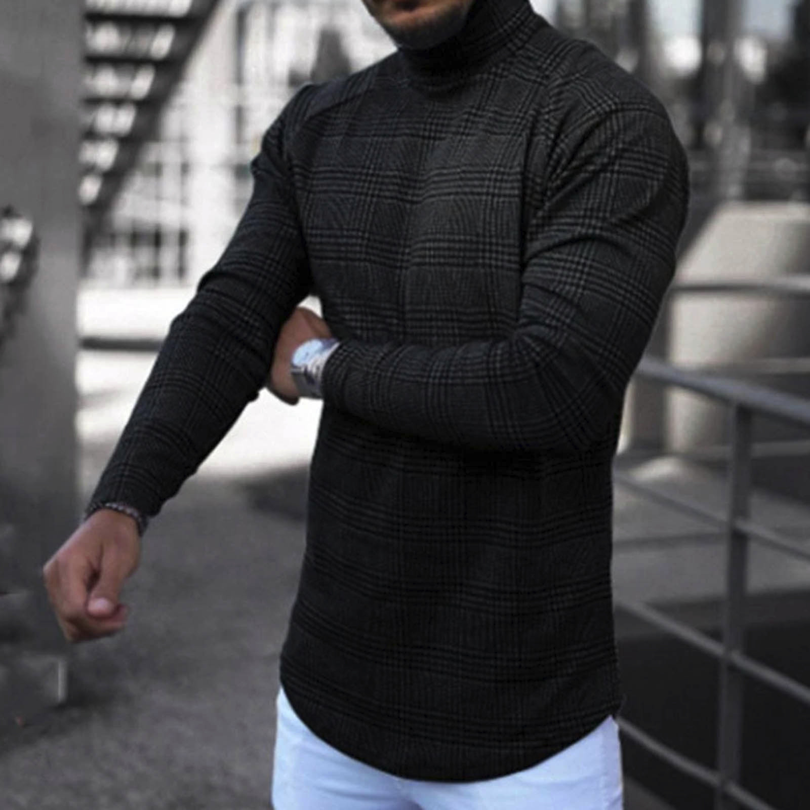 Men's Sweaters Fashion Men Turtleneck Long Sleeve Houndstooth Printed Slim Sweater Pullover Tops Casual Knitted Jumper Plus Size Pull Homme#35 22