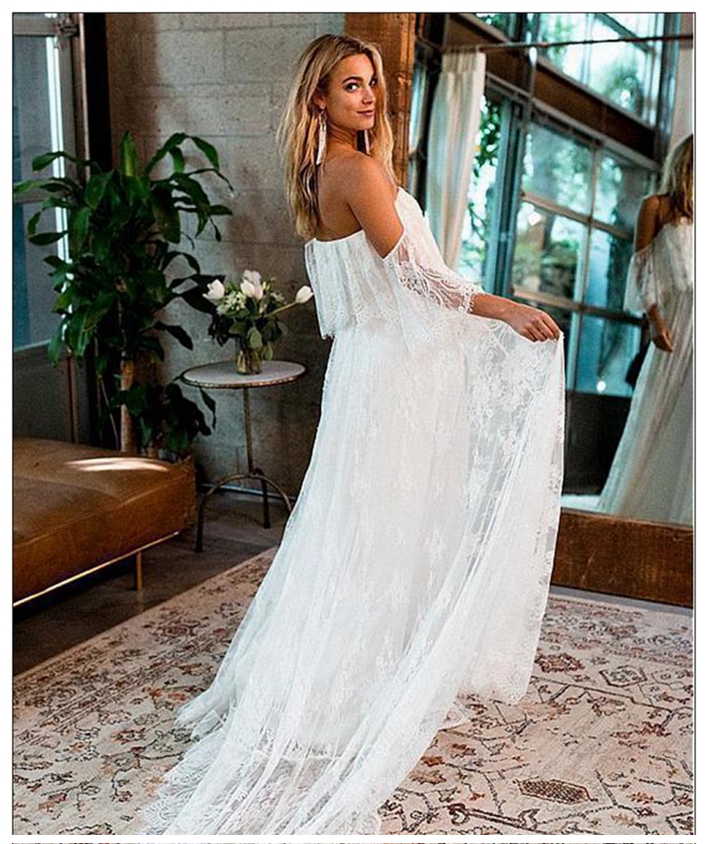 Off Shoulder Lace Fabric Flare Sleeve A e Beach Wedding Dress Bridal Gown