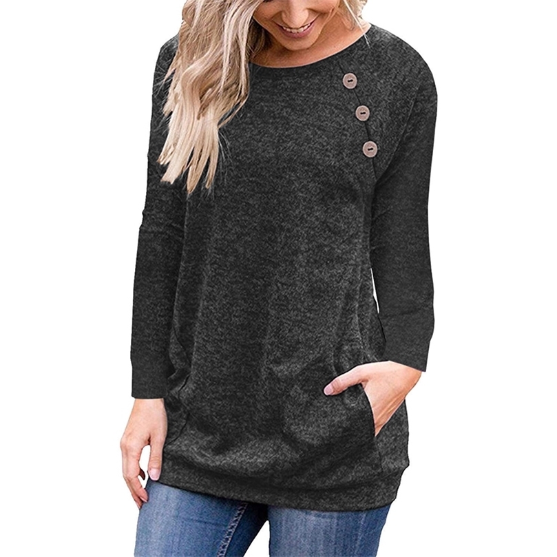 Basic T Shirt Day Winter Autumn Women T-s O-Neck Top Casual Buttons Pocket Bottoming Tee GV579 220307