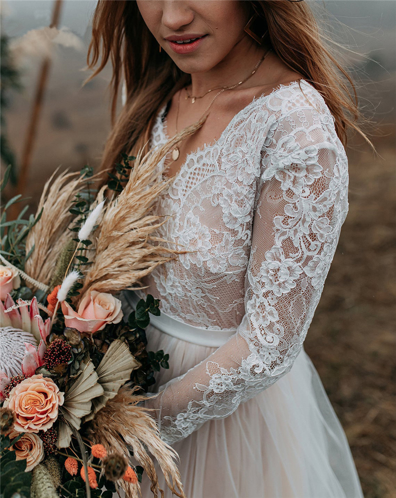 Long Sleeve Boho Wedding Dresses for Women Bride V-Neck A-e Beach Bridal Gowns Bohemian Marriage Dress Vestidos De Noiva