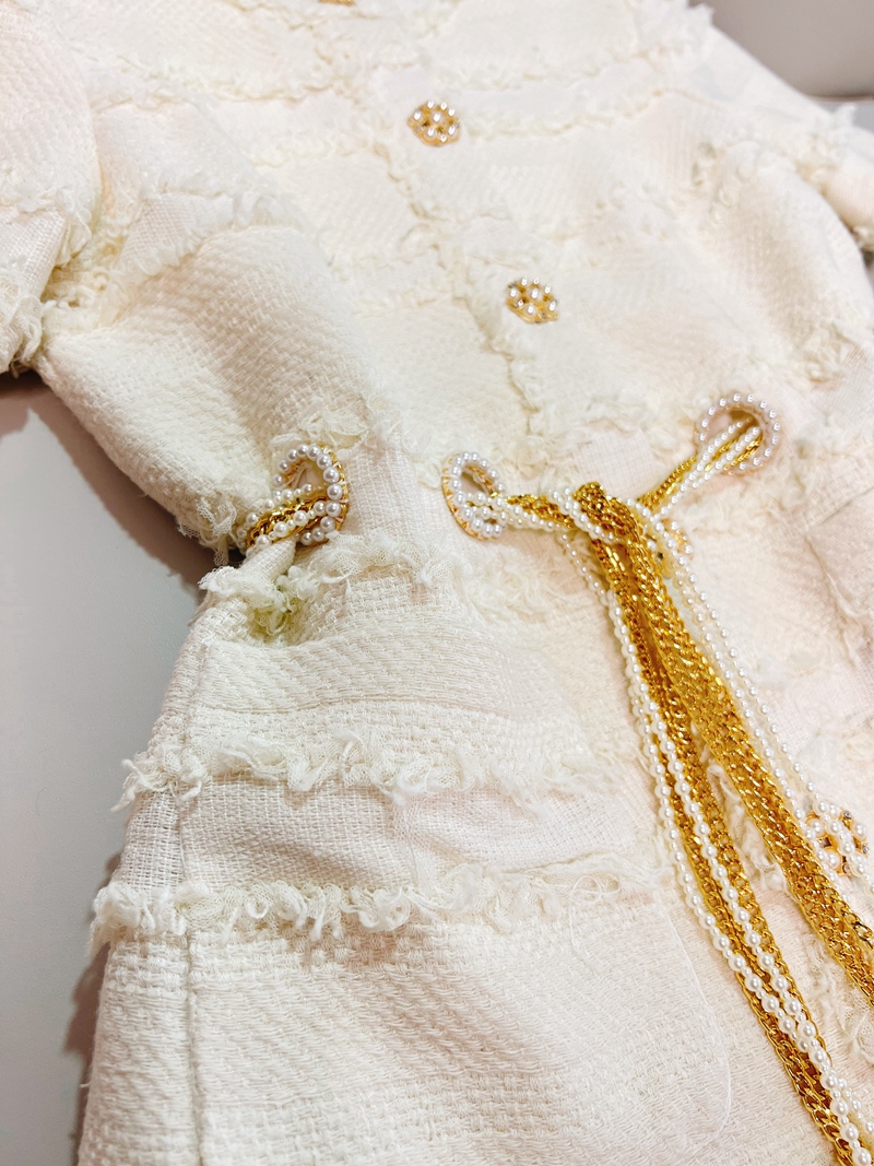 2022 Autumn Round Neck Tweed Belted Dress Ivory Short Sleeve Rhinestone Single-Breasted Dresses J2O3176311378