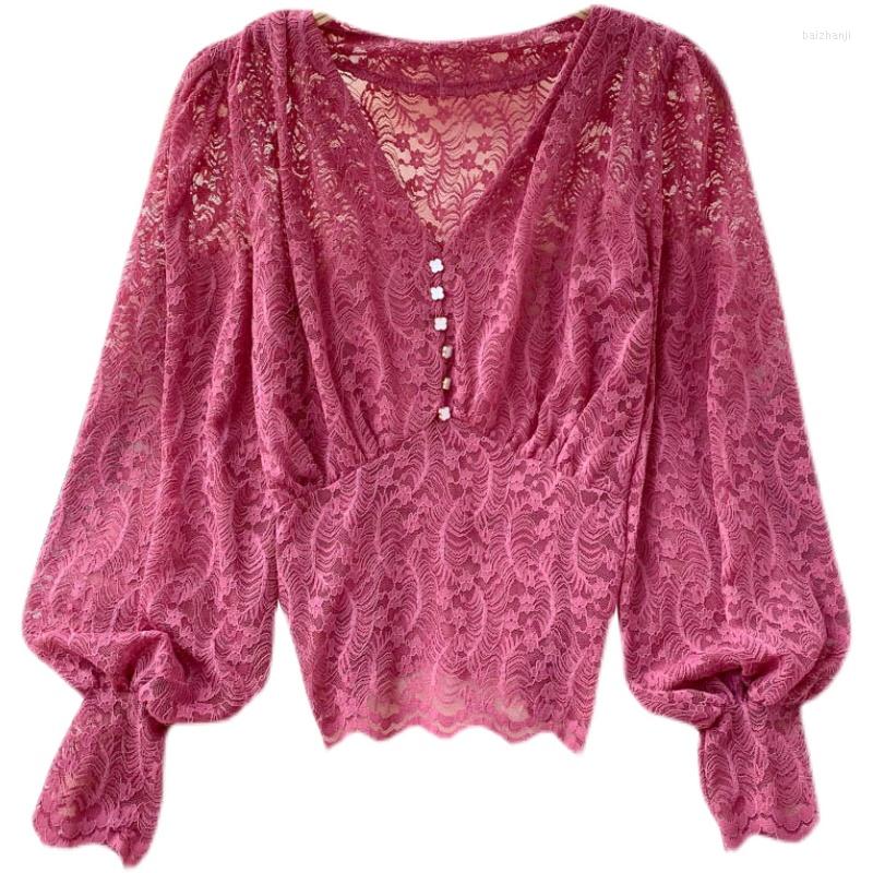 Women's Blouses Tuxedo Shirts Puff Long-sleeve Top Women's Lace Blouse Autumn Clothing Fashion Sexy Buttons V-neck Slim Blusas Mujer, Green 
Women's Blouses Tuxedo Shirts Puff Long-sleeve Top Women's Lace Blouse Autumn Clothing Fashion Sexy Buttons V-neck Slim Blusas Mujer, Green