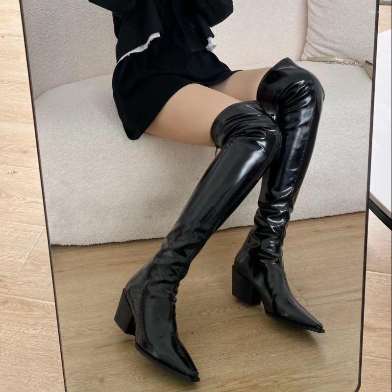 Boots Patent Leather Women Over The Knee Booties Thick Mid Heels Pointed Toe Sock Botas Black Brown White Stretch Shoes High Quality
Boots Patent Leather Women Over The Knee Booties Thick Mid Heels Pointed Toe Sock Botas Black Brown White Stretch Shoes High Quality