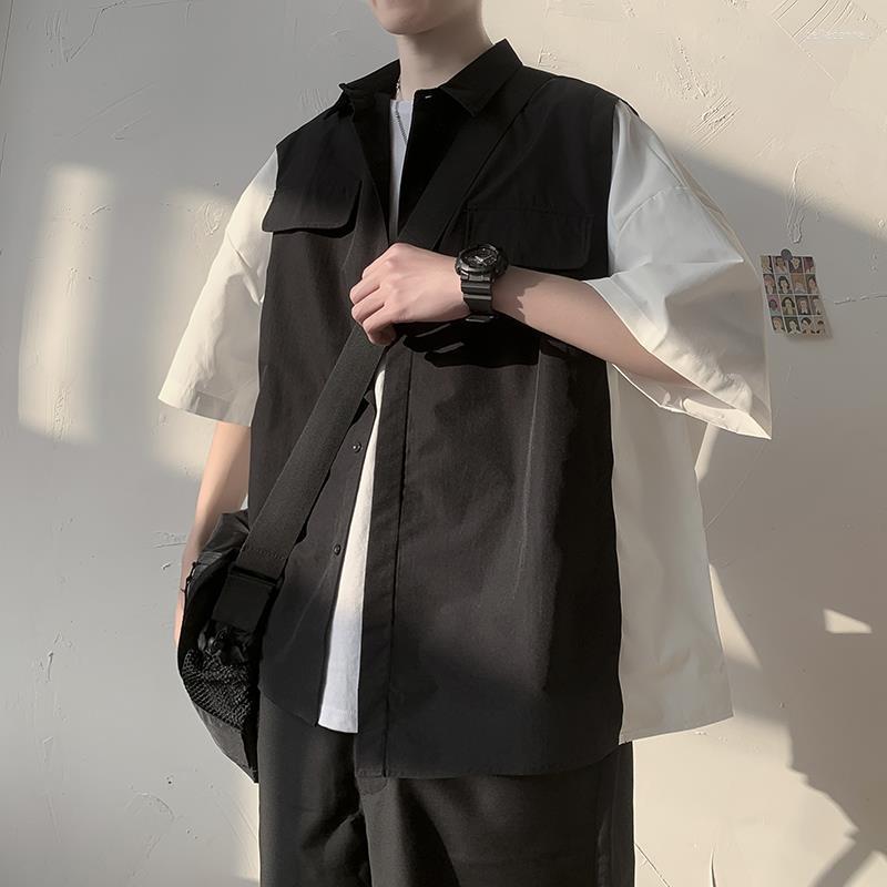 Men' Casual Shirts Men Cargo Stitching Shirt Unisex Zip-up Fake Two Loose Top Korean Trend Short-sleeved Japanese Fashion High Street, Black
Men' Casual Shirts Men Cargo Stitching Shirt Unisex Zip-up Fake Two Loose Top Korean Trend Short-sleeved Japanese Fashion High Street, Black