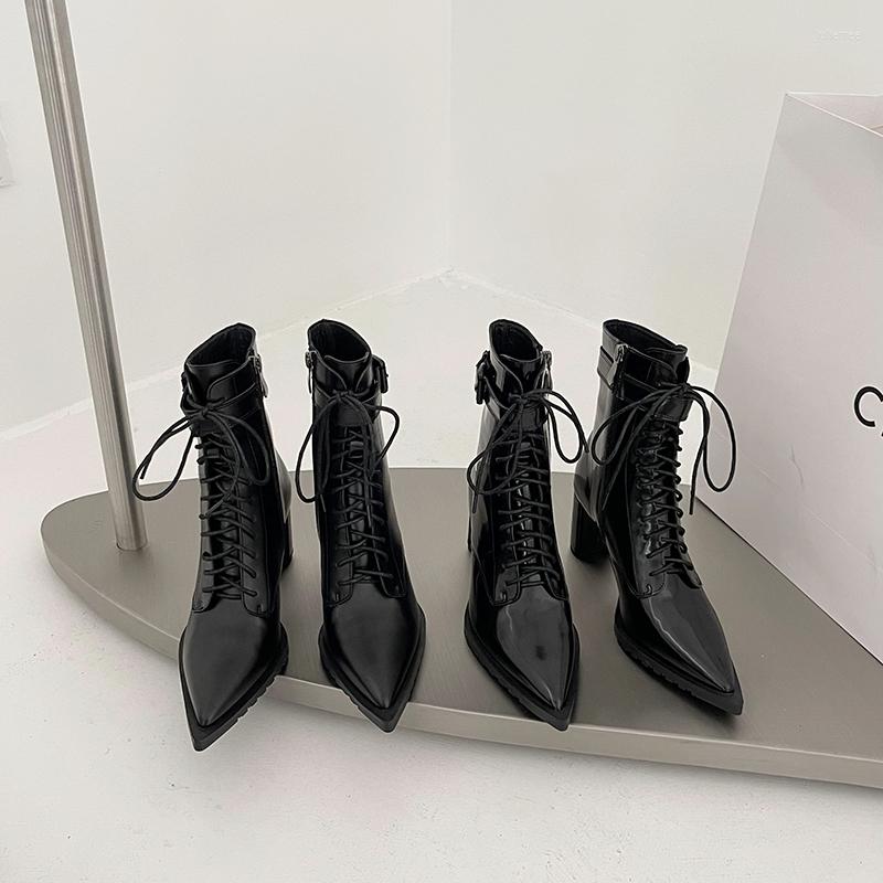 Boots 2022 Arrivals Pointed Toe Women Ankle Black Cross Tied Lace Up Side Zipper PU/Patent Leather, Black 1
Boots 2022 Arrivals Pointed Toe Women Ankle Black Cross Tied Lace Up Side Zipper PU/Patent Leather, Black 1