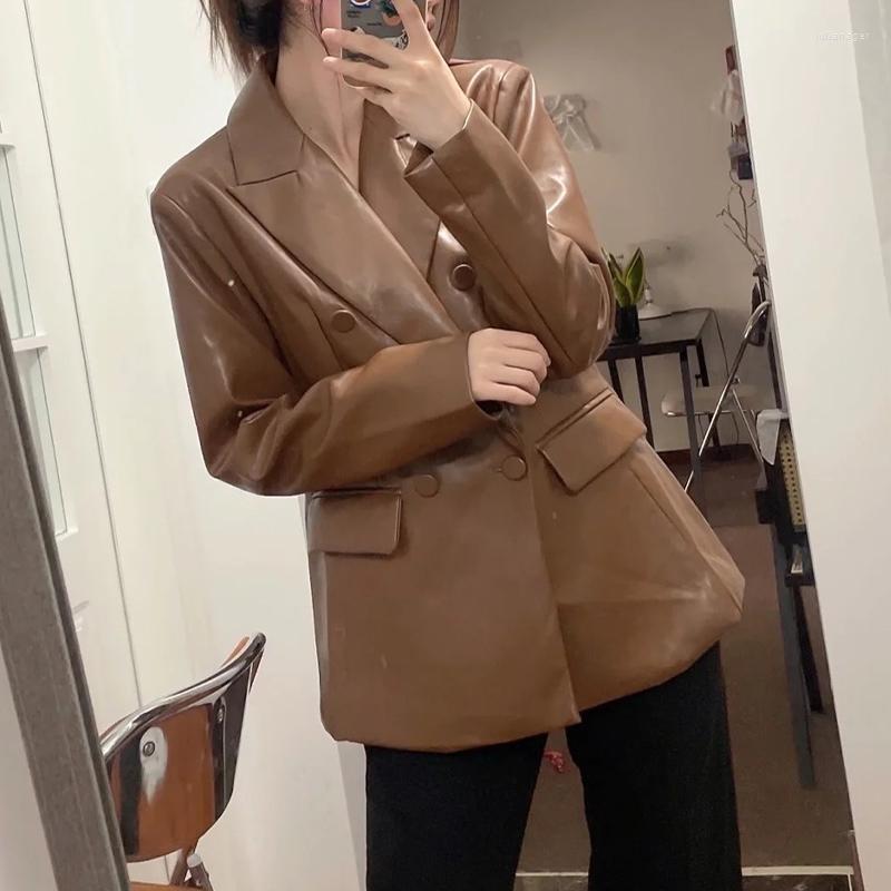 Women's Leather Women PU Blazer Coat Double Breasted Female Jackets Turn Down Collar Pocket Long Sleeve 2022 Fashion Vintage Brown Coats
Women's Leather Women PU Blazer Coat Double Breasted Female Jackets Turn Down Collar Pocket Long Sleeve 2022 Fashion Vintage Brown Coats