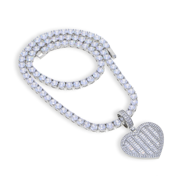 New arrived hip hop necklace paved 5a cz stoen sier gold plated heart pendant with tennis chain necklaces for women men lady wedding jewelry gift