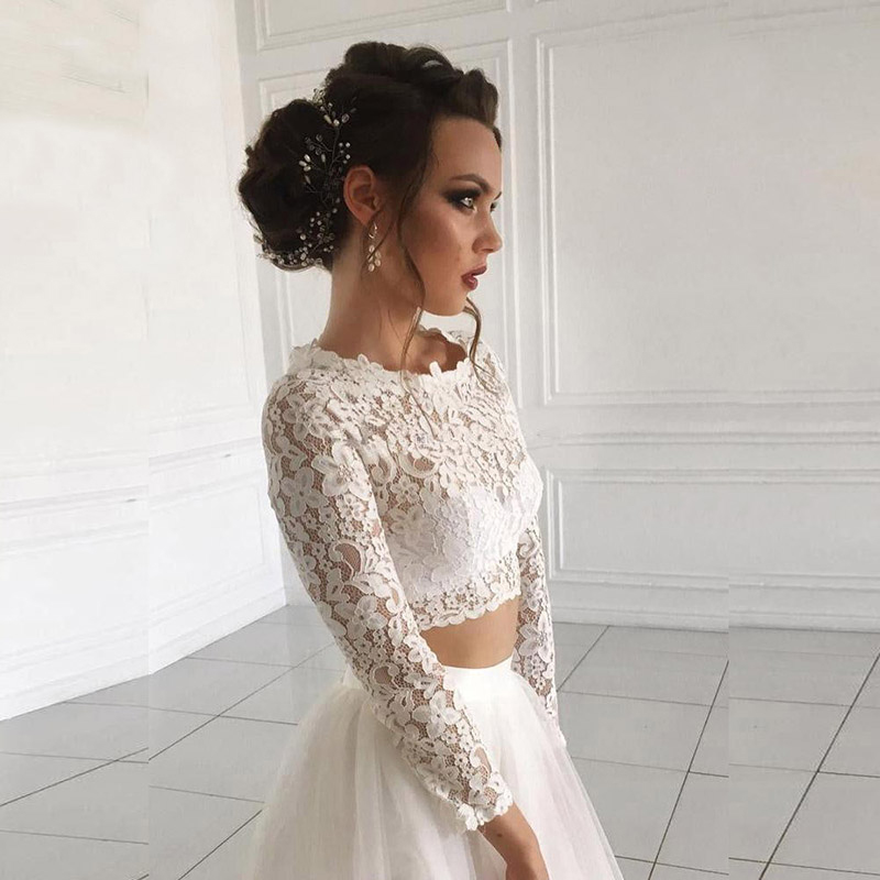 Charming On Sale Two Pieces Lace Long Sleeve Bridal Gowns Jewel Neck Illusion Back Wedding Dresses for Bride Full Length