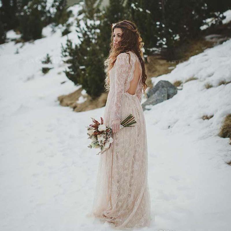 Vintage Lace Boho Dresses Long Sleeves Backless Plus Size Hippie Bohemian Wedding Dress Cheap vestido de noiva
